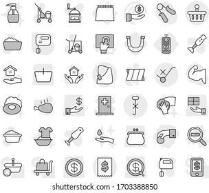 Conjunto de iconos vectoriales aislados de línea delgada editable - moneda de mano, vector roto, impuesto, no el símbolo del carro, gancho, canasta, control remoto, cortina, pantalla táctil, búsqueda de datos, mezclador, herradura, limpiador, jabón