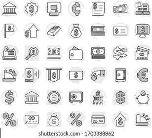 Editable thin line isolated vector icon set - hand coin, receipt, mobile pay, credit card, percent, cashbox, atm, bank vector, exchange, gold ingot, cash, money bag, piggy, dollar growth, building