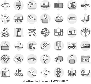 Editable thin line isolated vector icon set - box, bike, airport tower, gas station, traffic light, truck shipping, loading crane, fragile, package, fork loader, railroad, parachute delivery, plane