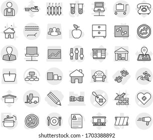 Editable thin line isolated vector icon set - pencil, medical label vector, pacemaker, school, client, sorting, fork loader, workman, lounger, cafe, surfer, baggage trolley, wardrobe, pets, archive