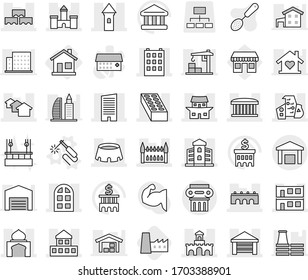 Editable thin line isolated vector icon set - tower, castle, bridge, cottage, building, skyscraper, airport, minaret, houses, garage, modern architecture, modular house, block wall, brick, japanese