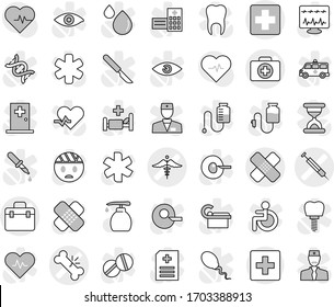 Editable thin line isolated vector icon set - doctor bag vector, medical cross, case, broken bone, patch, syringe, ambulance sign, first aid, liquid soap, heart pulse, star, disabled, eye, dna, room