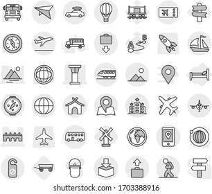 Editable thin line isolated vector icon set - bridge, airport tower, mobile location, package, globe, plane, train, car baggage, bus, sail boat, air ballon, deltaplane, tourist, ticket, get, hotel