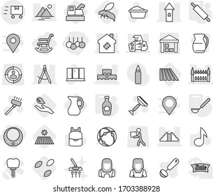 Editable thin line isolated vector icon set - sale, necklace, tower, draw compass, modern architecture, block wall, pyramid, gothic, smart house, fast deliver, rocking chair, ladle, rolling pin, jug