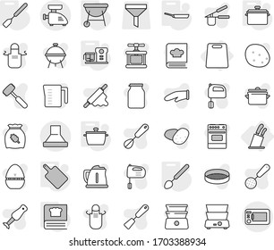 Editable thin line isolated vector icon set - cutting board, stands for knives, pan, spatula, big spoon, cooking book, food processor, bbq, vector, kettle, measuring cup, apron, cook glove, timer