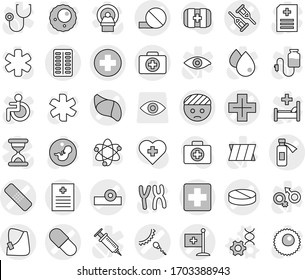 Editable thin line isolated vector icon set - medical cross vector, bandaged head, crutch, doctor case, patch, pill, pills blister, reflector, recipe, potion bottle, broken hand, sperm, liver, flag