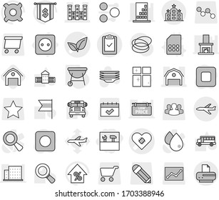 Editable thin line isolated vector icon set - tools, pacemaker vector, leafs, barn, palace, clipboard check, plane, hotel, power socket, sim card, bbq, plates, shining window, school building, bus