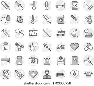Editable thin line isolated vector icon set - heart cross vector, dna, pipette, medical label, doctor case, stethoscope, pills bottle, hospital bed, dropper, sperm, stomach, surgical clamp, siren