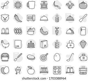 Editable thin line isolated vector icon set - hotel, cup, steam pan, kitchen scales, spatula, gas oven, salt pepper, spices, meal cap, cereals, eggs, tomato, carrot, berry, spikelets, sickle, hot