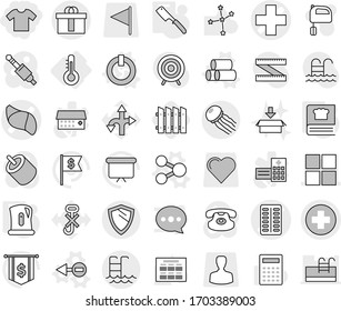 Editable thin line isolated vector icon set - t shirt, medical cross vector, pills blister, liver, window, hi quality package, pool, shield, jellyfish, thermometer, share, electron, on off button