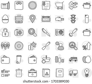 Editable thin line isolated vector icon set - trash bin vector, cleaning agent, pan, cook timer, spatula, ladle, sieve, cereal, egg, copybook, pen, school bus, exam, exchange, wallet, percent growth