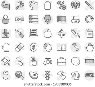 Editable thin line isolated vector icon set - link vector, water tap, steaming, cook glove, jar, potato, steak, case, abacus, piggy bank, man, dollar shield, diet, hand trainer, muscule, swimsuite