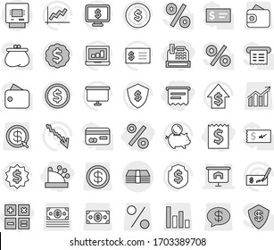 Editable thin line isolated vector icon set - receipt, percent, cashbox, atm, calculator, presentation, money, dollar coin vector, graph, laptop, crisis, piggy bank, growth, check, board, medal