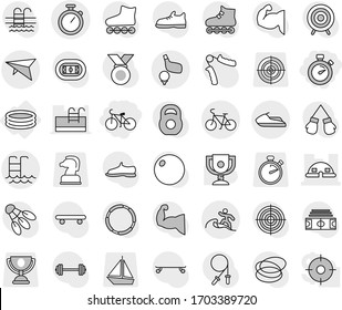 Editable thin line isolated vector icon set - stopwatch, bike, dome house, deltaplane, pool, surfer, golf, jet ski, inflatable, award cup vector, barbell, stadium, weight, jump rope, hand trainer