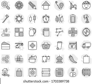 Editable thin line isolated vector icon set - delete cart, delivery, doctor vector, cross, goverment house, window, route, sun, palm, first aid, compass, magnetic field, helicopter, steam pan, jug