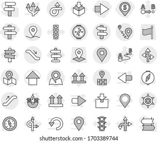 Editable thin line isolated vector icon set - dollar pin, right arrow, singlepost, trip, geo, map, route, escalator, signpost, handwheel, compass, electric magnet vector, up, traffic light, top sign