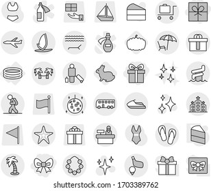 Editable thin line isolated vector icon set - gift, bow, hi quality package, plane, bus, tourist, passenger, lounger, palm, hawaiian wreath, disco ball, aquapark, starfish, baggage trolley, hotel