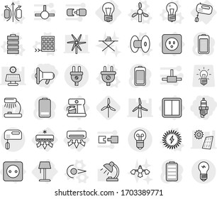 Editable thin line isolated vector icon set - megafon, spark plug, bulb, air conditioning, power socket, switch, mixer, coffee maker, floor lamp, photon vector, magnetic field, coil, windmill, solar