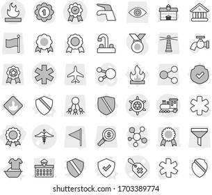 Editable thin line isolated vector icon set - medal, ambulance star vector, medical label, sign, university, flammable, train, handwheel, shield, water tap, handle washing, protected, lighthouse