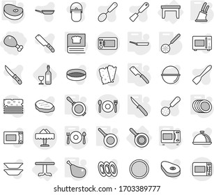 Editable thin line isolated vector icon set - chicken leg, cafe, restaurant, table, pan, skimmer, knife holder, chef, microwave oven, cooking book, plates, fork spoon plate, steake, wine, spatula