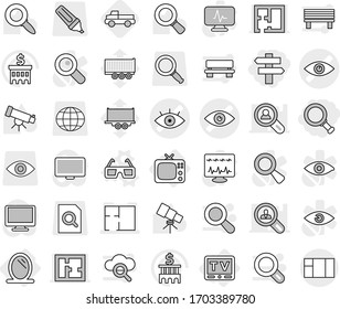 Editable thin line isolated vector icon set - magnifier, singlepost, eye vector, plan, mirror, tv, 3d glasses, pickup, telescope, bank building, truck trailer, search document, globe, marker, bench