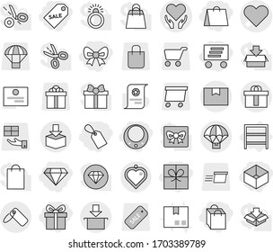 Editable thin line isolated vector icon set - gift, bow, shopping bag, box, label, sale, delivery, diamond, necklace, heart vector, health care, package, hi quality, parachute, pendant, rack, cart