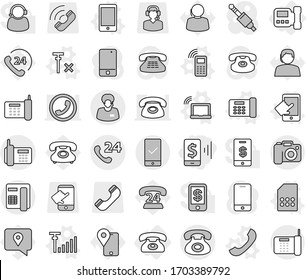 Editable thin line isolated vector icon set - mobile pay, phone, 24, support manager, checking, camera, intercome, vector, laptop wifi, office, touchscreen, sim card, antenna signal, no, traking