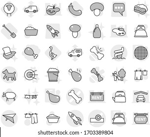 Editable thin line isolated vector icon set - chicken leg, head reflector vector, bone, rocket, deltaplane, aquapark, dog, satellite, kettle, sieve, sheep, shovel, eggplant, goose, drying clothes