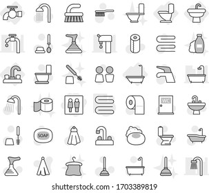 Editable thin line isolated vector icon set - wc, water tap, sink, bath, toilet, towel, soap vector, plunger, fetlock, brush, paper, shower, closet, shampoo, hanger, supply