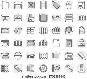 Editable thin line isolated vector icon set - pencil, shop signboard, fence, pallet, table, chest of drawers, dresser, rack, cutting board, fireplace, trees, axe, wheel, barrel, farm, wood box, rent