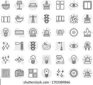 Editable thin line isolated vector icon set - lighthouse, window, outdoor light, traffic, alarm, taxi, sun, disco ball, camera, bulb, power switch, floor lamp, vector, led, ladle, siren, shining