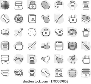 Editable thin line isolated vector icon set - bone, Chair for babies, toaster, big fork, knife, plates, sieve, pasta, steake, chicken leg, pancakes, flour, potato, spatula vector, oven, cereal