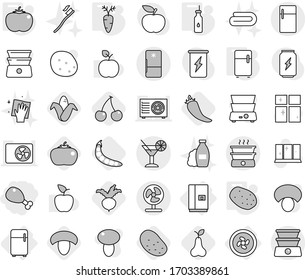 Editable thin line isolated vector icon set - chicken leg, cocktail, cooler fan, fridge, vegetable oil, potato, tomato, carrot, hot pepper, cherry, mushroom, corn, pear, beet, peas, shampoo, wiping