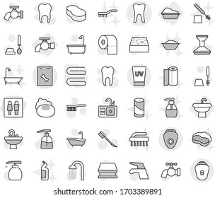 Editable thin line isolated vector icon set - wc, tooth vector, roentgen, uv cream, water tap, sink, washing, towel, soap, fetlock, sponge, car, bath, toilet brush, liquid, paper, shower, with foam