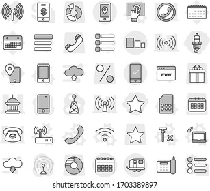 Editable thin line isolated vector icon set - star, spark plug, calendar vector, goverment house, mobile location, sorting, trailer, checking, wireless, laptop wifi, phone, touchscreen, sim card
