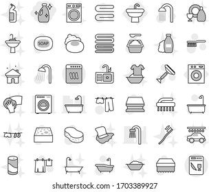 Editable thin line isolated vector icon set - cleanser, sink, washing machine, soap vector, scraper, fetlock, sponge, towel, bath, drying clothes, powder, shower, shampoo, tooth brush, dish, wiping