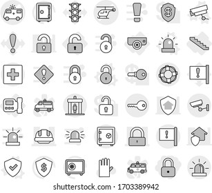 Editable thin line isolated vector icon set - lock, ambulance car vector, helicopter, building helmet, important flag, detector, first aid, surveillance, key, safe, lifebuoy, unlocked, intercome
