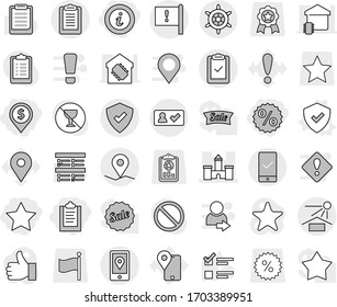 Editable thin line isolated vector icon set - clipboard, dollar pin, percent, star, info, castle, geo, important flag, mobile location, check, sun potection, protected, in, checking, handwheel, exam