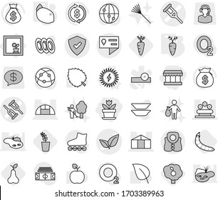 Editable thin line isolated vector icon set - market, flower, crutch vector, leafs, greenhouse, bed, location details, protected, life vest, in window, solar power, carrot, lemon, seedling, pear