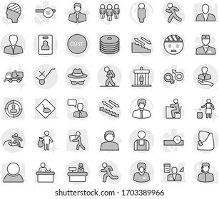 Editable thin line isolated vector icon set - broken hand vector, under construction, architector, client, support manager, customs, do not trolley sign, workman, confidential, tourist, detector