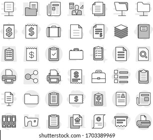 Editable thin line isolated vector icon set - receipt, account balance, atm, list, copybook, anamnesis vector, slum, architector, clipboard, check, documents, document, printer, case, certificate