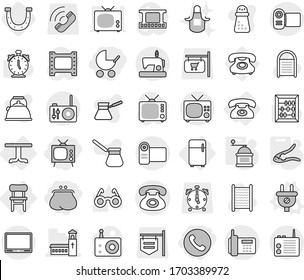 Editable thin line isolated vector icon set - purse, phone, tv, baby stroller, church, table, chair, fridge, plug vector, walnut crack, hand mill, horseshoe, washboard, apron, kettle, turk coffee