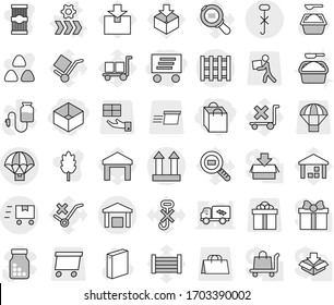 Editable thin line isolated vector icon set - shopping bag, box, delivery, cargo top sign, do not hook, warehouse, pallet, parachute, fast deliver, conveyor vector, washing powder, cereal, pasta