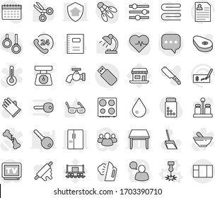 Editable thin line isolated vector icon set - sms, laser vector, scoop, towel, water drop, tap, steaming, rubber glove, scales, knife, rolling pin, oven, spices, steak, copybook, glasses, table lamp