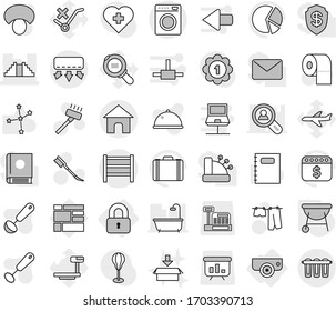 Editable thin line isolated vector icon set - pyramid, rack, locked, surveillance camera, bbq, vacuum cleaner vector, car fetlock, drying clothes, toilet paper, package, whisk, ladle, dish, mushroom