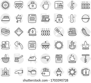 Editable thin line isolated vector icon set - hot drink, medical thermometer vector, flammable, sun, air conditioning, coffee maker, kettle, corkscrew, bbq, ladle, saute pan, turk, toaster, fire