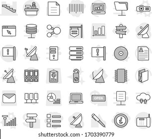 Editable thin line isolated vector icon set - bar code, list, info, stairs, important flag, reception, satellite antenna, chip vector, projector, cd, signal, do not distrub, pen, notebook pc, binder