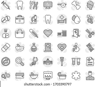 Editable thin line isolated vector icon set - doctor bag vector, hospital, school building, ambulance star, disabled, heart pulse, cross, thermometer, flask, vial, gender sign, magnifier, syringe