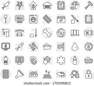 Editable thin line isolated vector icon set - crutch vector, pills blister, bone, monitor pulse, sperm, project, insurance, ticket, garage, scraper, water drop, toilet brush, foam basin, clean floor