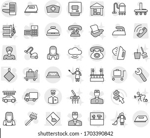 Editable thin line isolated vector icon set - delivery, tools, medical hat vector, doctor, under construction, phone, taxi, atm, hotel, baggage trolley, service bell, cloud, rag, wrench, iron, woman